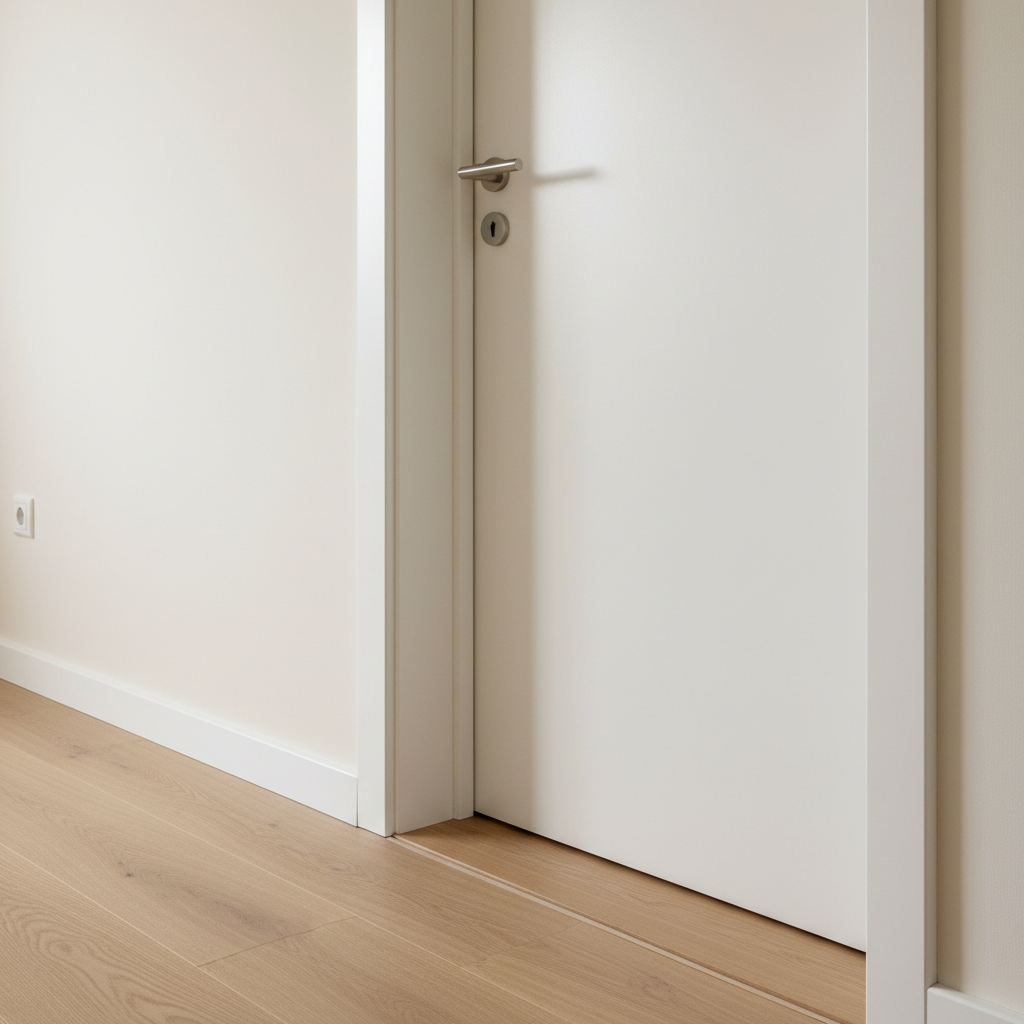A detailed close-up of high-quality renovation finishes on an interior doorway, illustrating craftsmanship and precision. The image focuses on the junction where a solid white lacquered door meets a perfectly aligned door frame and a newly plastered, smoothly painted wall in a soft, warm white. The edges are razor-sharp, with no paint overlaps, and the modern brushed-steel handle is aligned perfectly horizontal. Light oak laminate flooring with subtle grain patterns runs up to a flawlessly installed matching threshold, with the expansion joint neatly covered. Soft, diffused natural light from a nearby window creates gentle shadows that emphasize straight lines and textures. Photographic realism, shot from a slightly low, close angle with shallow depth of field, making the junction the hero, conveying rigor, attention to detail, and professional quality.