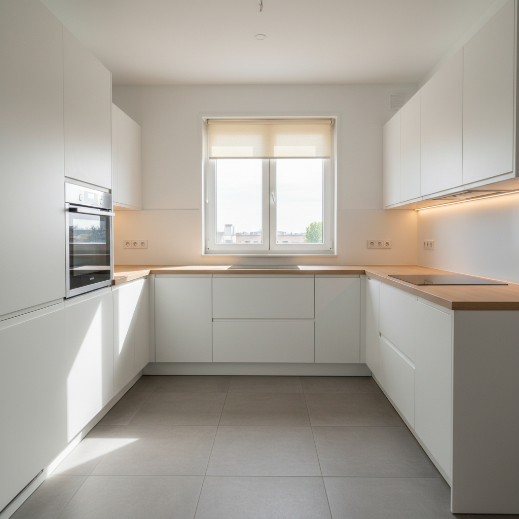 A sunlit, recently renovated kitchen in a family flat in La Rioja, with a clean, U-shaped layout. Matte white handleless cabinets contrast with a light oak-effect worktop and a seamless white backsplash, with outlets neatly aligned. Under-cabinet LED strips wash the backsplash with soft light, while a built-in stainless-steel oven and an induction cooktop sit perfectly flush with the cabinetry. Large, neutral ceramic floor tiles run uninterrupted, guiding the eye to a double window with new roller blinds. Natural midday light pours in, creating soft highlights on the cabinet edges and gentle shadows beneath the units. Photographic realism, shot at eye level with a slightly wide-angle composition, balanced and centered, projecting functionality, order, and the reliability of a professional reformas company.