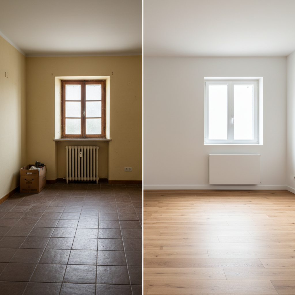 A dramatic before-and-after style split-room image of a typical apartment living room in Navarra, transformed by a reformas company. The left half shows an outdated space with old, dark flooring, yellowing walls, and a bulky radiator under a small window. The right half reveals the same room after renovation: smooth, freshly painted white walls, new wide-plank light oak flooring, a sleek white modern radiator, and enlarged window opening with pristine frames. Daylight from the new window washes the renovated side, while the old side appears slightly dimmer. Photographic realism, straight-on eye-level composition with a precise vertical split, balanced exposure on both halves, strongly emphasizing contrast in quality, cleanliness, and contemporary comfort without using any human subjects.
