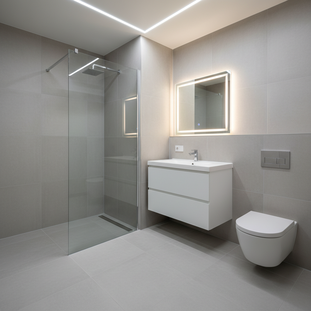 A spotless, fully refurbished bathroom designed by a professional reformas company, featuring large-format light grey porcelain tiles on walls and floor with barely visible grout lines. A walk-in shower with a frameless clear glass screen and a linear stainless-steel drain sits opposite a floating white vanity with a seamless integrated sink and soft-close drawers. A backlit, anti-fog mirror glows softly above, while a modern wall-hung toilet with concealed cistern completes the layout. Cool, diffused ceiling LEDs reflect subtly on the tiles, creating a hygienic, fresh feeling. Photographic realism, captured from a slightly elevated corner angle to show the whole layout, with vertical lines perfectly straight, conveying precision, order, and an atmosphere of calm, practical luxury suitable for a professional renovation site.